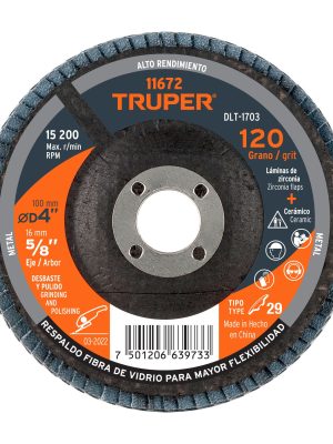 11672 - Disco laminado 4', grano 120 centro 5/8', fibra, TRUPER