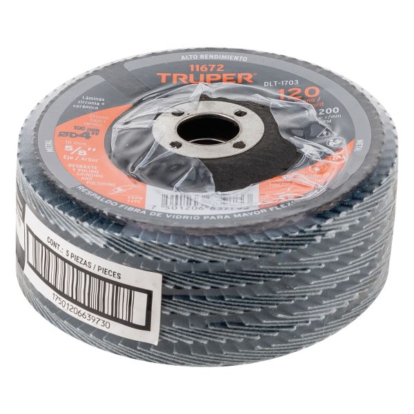 11672 - Disco laminado 4', grano 120 centro 5/8', fibra, TRUPER