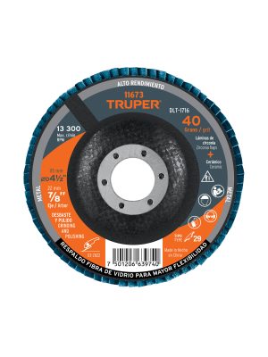 11673 - Disco laminado 4-1/2', grano 40 centro 7/8', fibra, TRUPER