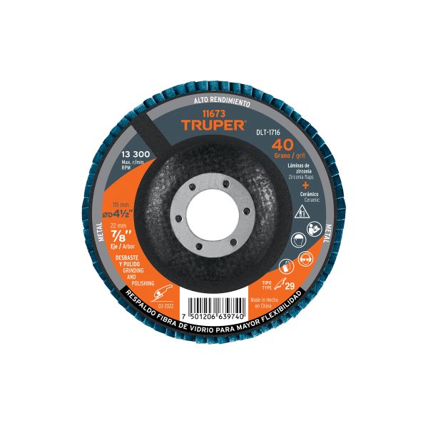 11673 - Disco laminado 4-1/2', grano 40 centro 7/8', fibra, TRUPER