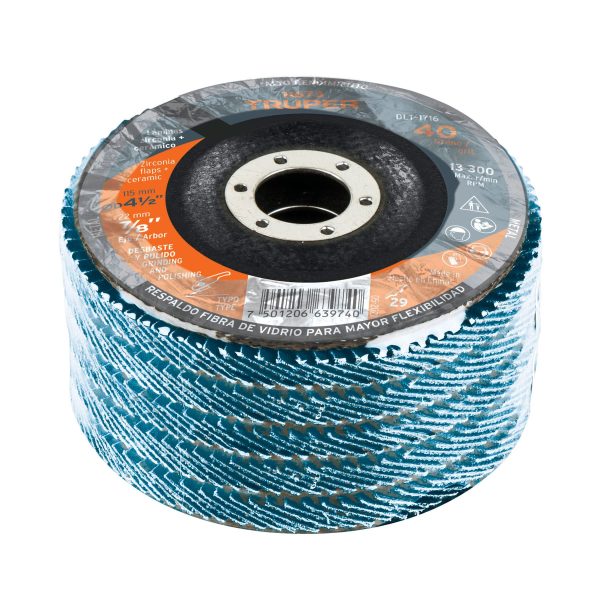 11673 - Disco laminado 4-1/2', grano 40 centro 7/8', fibra, TRUPER