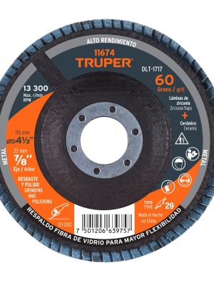 11674 - Disco laminado 4-1/2', grano 60 centro 7/8', fibra, TRUPER