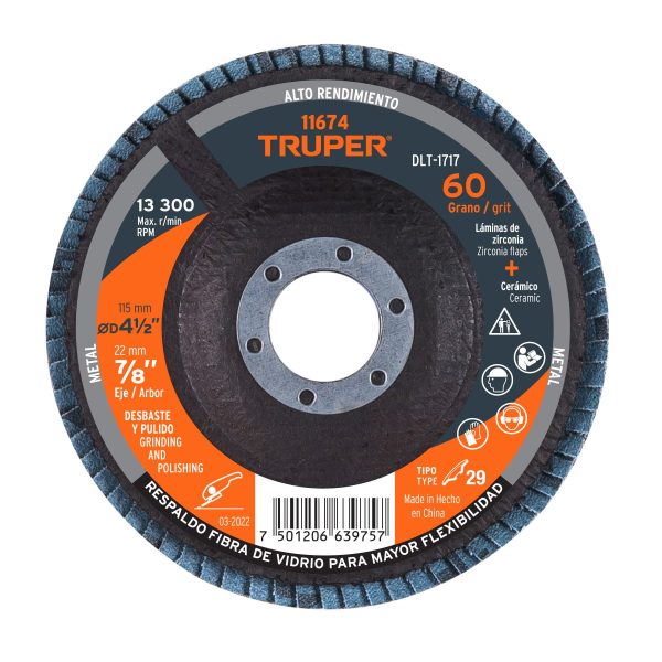 11674 - Disco laminado 4-1/2', grano 60 centro 7/8', fibra, TRUPER