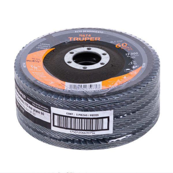 11674 - Disco laminado 4-1/2', grano 60 centro 7/8', fibra, TRUPER