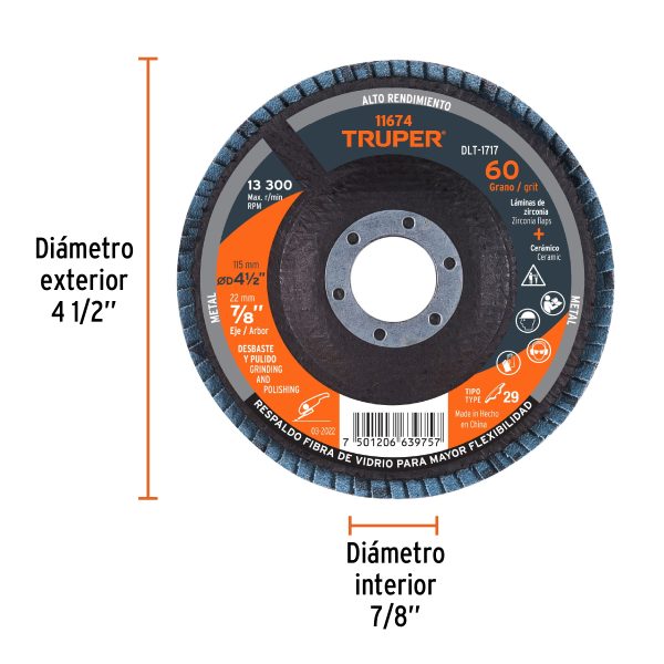 11674 - Disco laminado 4-1/2', grano 60 centro 7/8', fibra, TRUPER