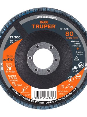11688 - Disco laminado 4-1/2', grano 80 centro 7/8', fibra, TRUPER