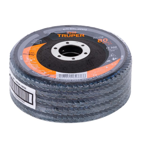 11688 - Disco laminado 4-1/2', grano 80 centro 7/8', fibra, TRUPER