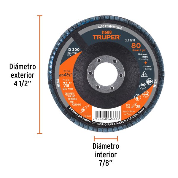 11688 - Disco laminado 4-1/2', grano 80 centro 7/8', fibra, TRUPER