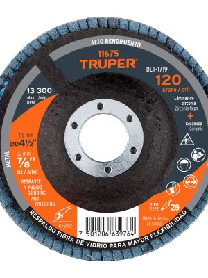 11675 - Disco laminado 4-1/2', grano 120 centro 7/8', fibra, TRUPER