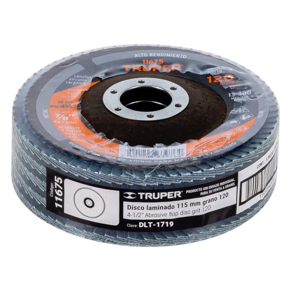 11675 - Disco laminado 4-1/2', grano 120 centro 7/8', fibra, TRUPER