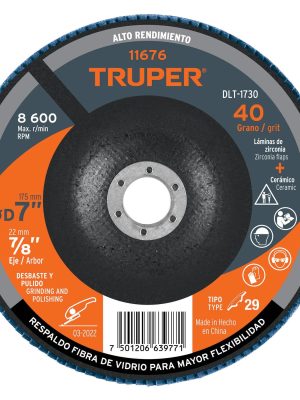 11676 - Disco laminado 7', grano 40 centro 7/8', fibra, TRUPER
