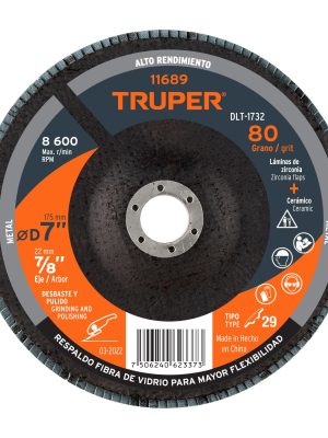 11689 - Disco laminado 7', grano 80 centro 7/8', fibra, TRUPER