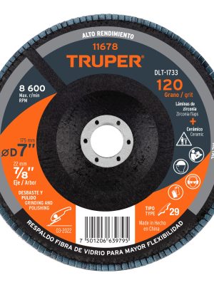 11678 - Disco laminado 7', grano 120 centro 7/8', fibra, TRUPER