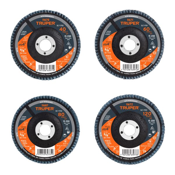11670 - Disco laminado 4', grano 40 centro 5/8', fibra, TRUPER