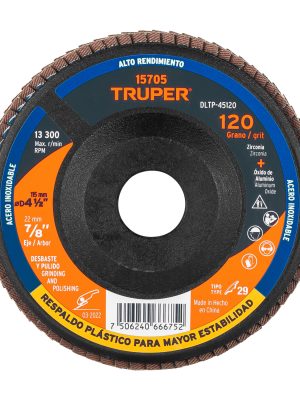 15705 - Disco laminado 4-1/2' grano 120 centro 7/8', plástico,TRUPER