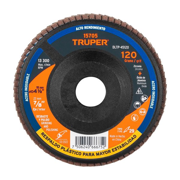 15705 - Disco laminado 4-1/2' grano 120 centro 7/8', plástico,TRUPER