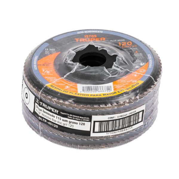 15705 - Disco laminado 4-1/2' grano 120 centro 7/8', plástico,TRUPER