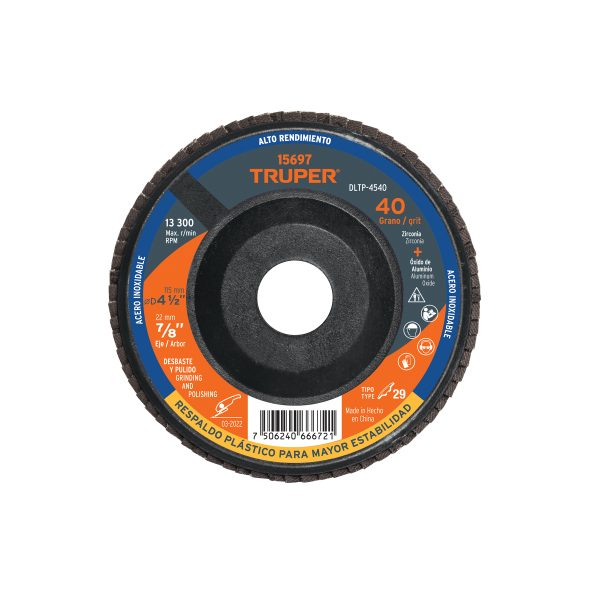 15697 - Disco laminado 4-1/2' grano 40 centro 7/8', plástico, TRUPER