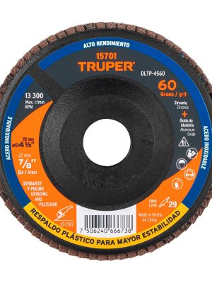 15701 - Disco laminado 4-1/2' grano 60 centro 7/8', plástico, TRUPER
