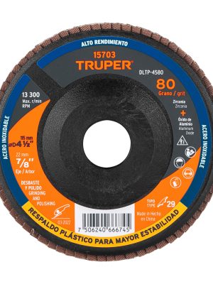15703 - Disco laminado 4-1/2' grano 80 centro 7/8', plástico, TRUPER