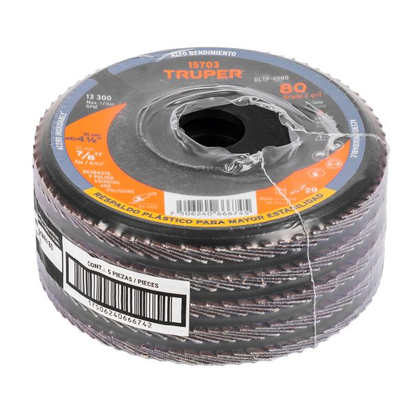 15703 - Disco laminado 4-1/2' grano 80 centro 7/8', plástico, TRUPER