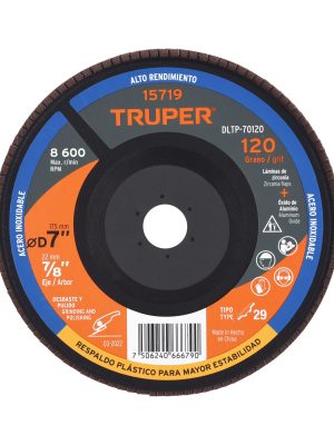 15719 - Disco laminado 7' grano 120 centro 7/8', plástico, TRUPER