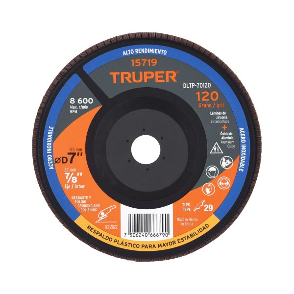 15719 - Disco laminado 7' grano 120 centro 7/8', plástico, TRUPER