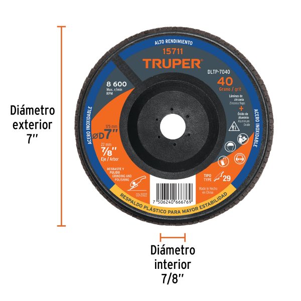 15711 - Disco laminado 7' grano 40 centro 7/8', plástico, TRUPER