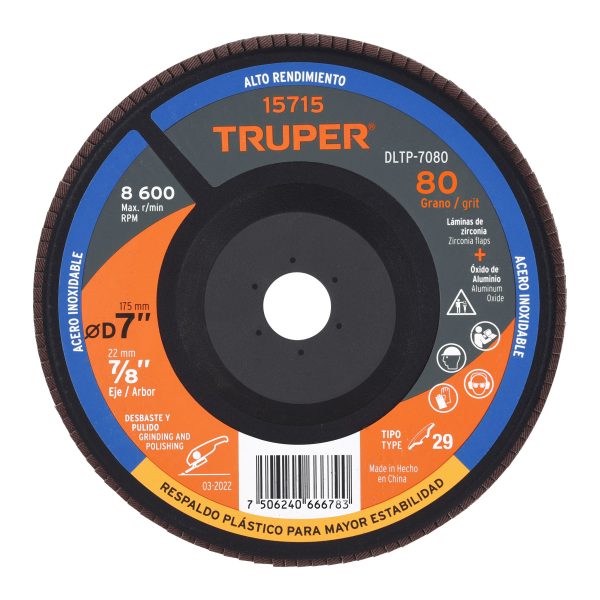 15715 - Disco laminado 7' grano 80 centro 7/8', plástico, TRUPER