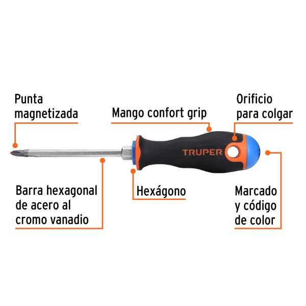 14076 - Desarmador de cruz 1/4' x 4' mango Comfort Grip, Truper