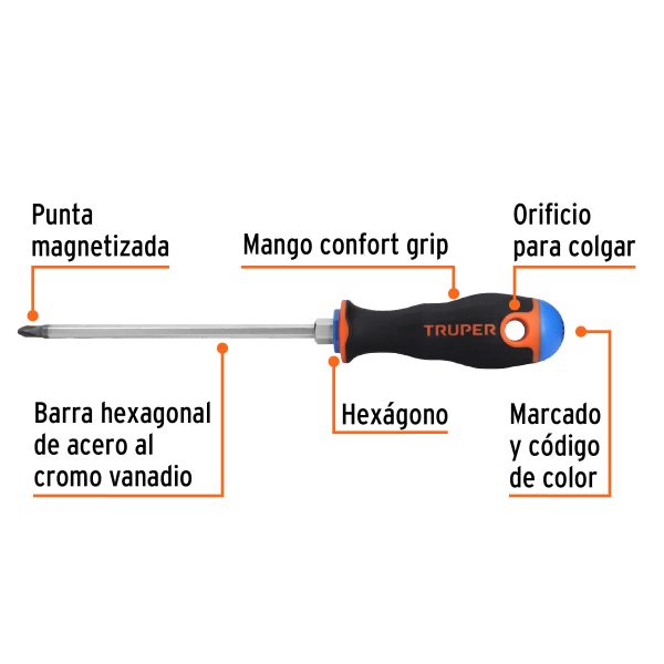 14079 - Desarmador de cruz 1/4' x 6' mango Comfort Grip, Truper