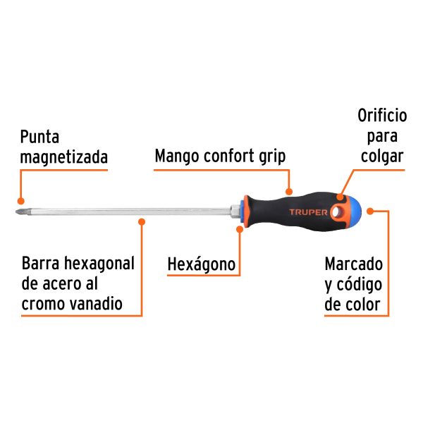 14082 - Desarmador de cruz 1/4' x 8' mango Comfort Grip, Truper