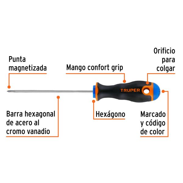 14055 - Desarmador de cruz 1/8' x 4' mango Comfort Grip, Truper