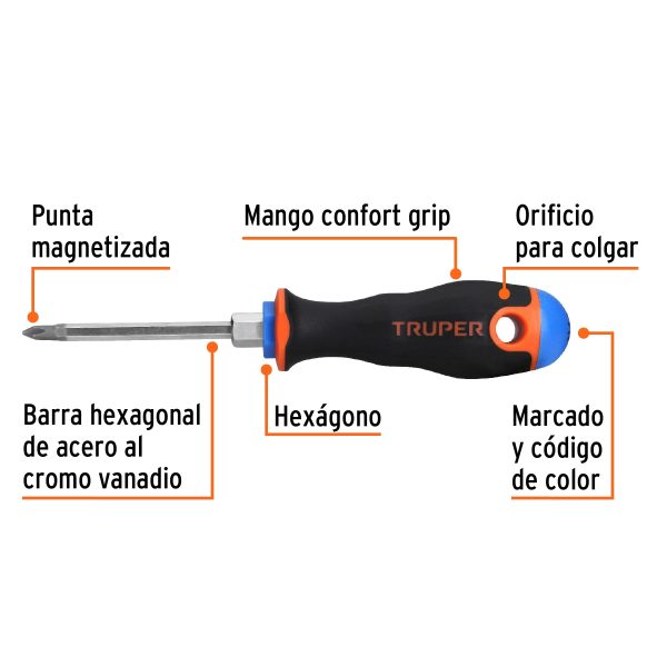 14064 - Desarmador de cruz 3/16' x 3' mango Comfort Grip, Truper