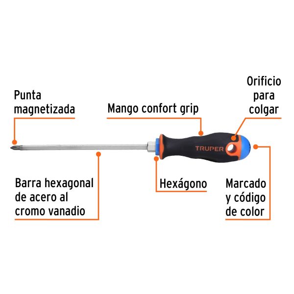 14067 - Desarmador de cruz 3/16' x 6' mango Comfort Grip, Truper