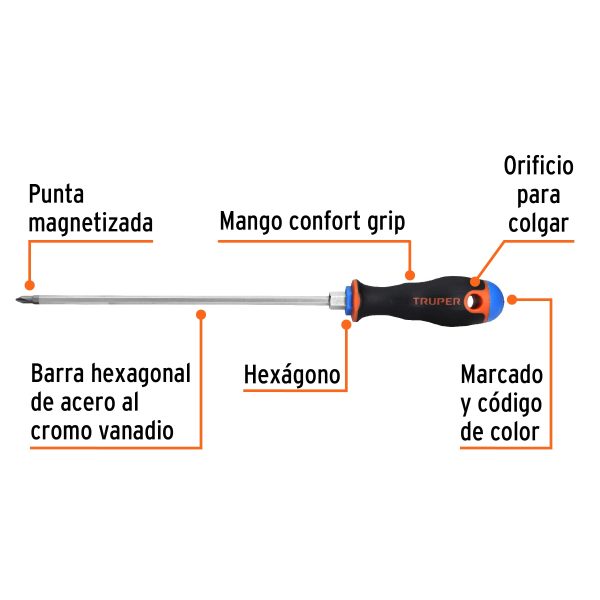 14070 - Desarmador de cruz 3/16' x 8' mango Comfort Grip, Truper