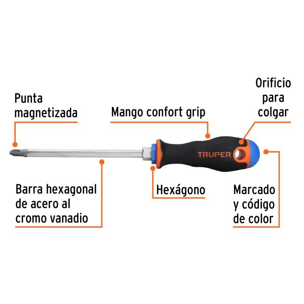 18548 - Desarmador de cruz 5/16' x 6' mango Comfort Grip, Truper