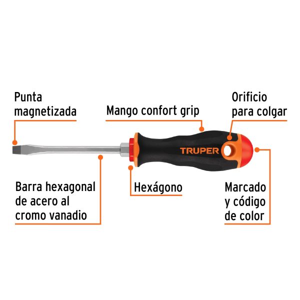 13998 - Desarmador plano 1/4' x 4' mango Comfort Grip, Truper