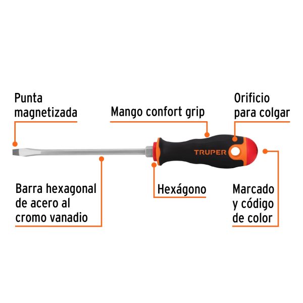 14000 - Desarmador plano 1/4' x 6' mango Comfort Grip, Truper