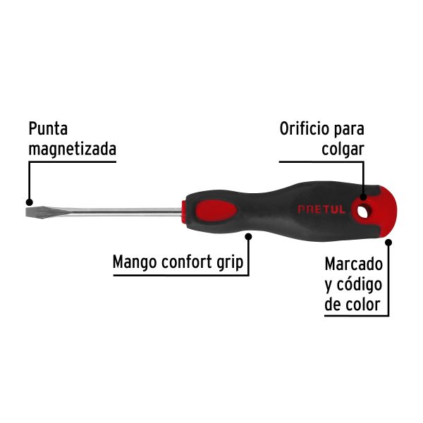 21478 - Desarmador plano 3/16 x 3' mango Comfort Grip, Pretul