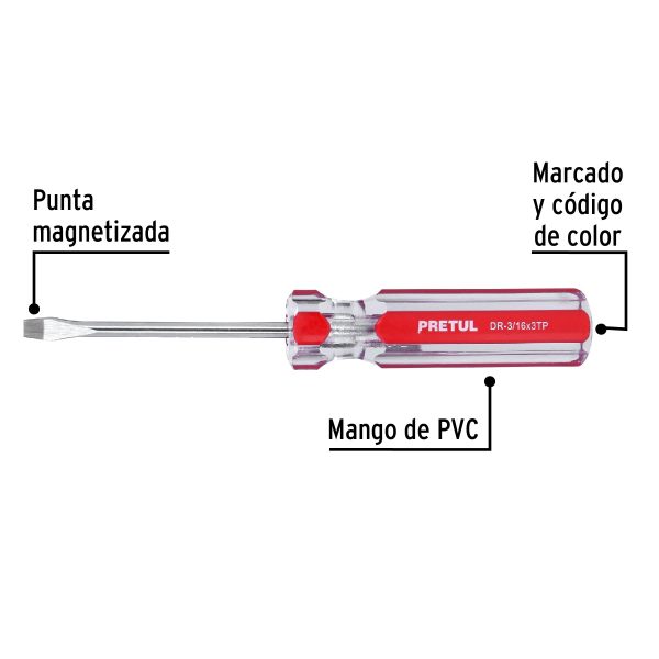 21456 - Desarmador plano 3/16 x 3' mango de PVC, Pretul