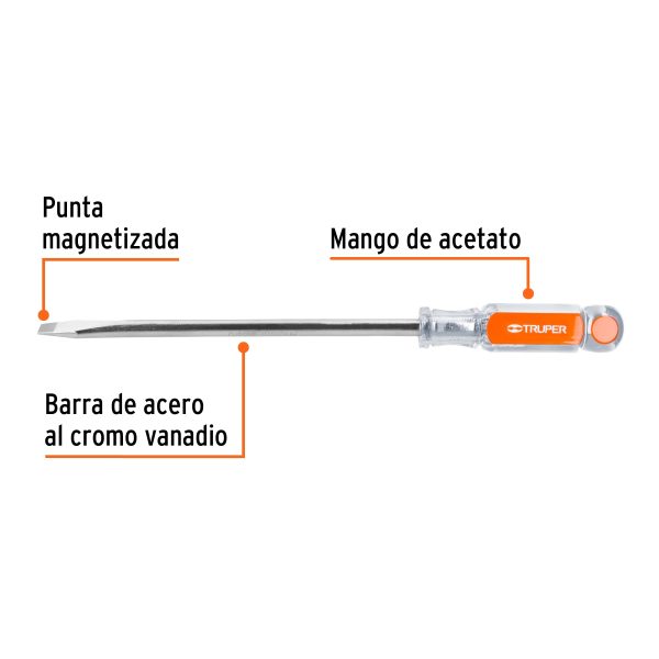 14008 - Desarmador plano 3/8' x 8' mango de acetato, Truper