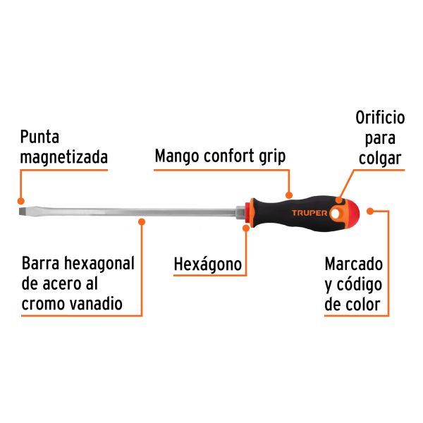 18546 - Desarmador plano 5/16' x 10' mango Comfort Grip, Truper