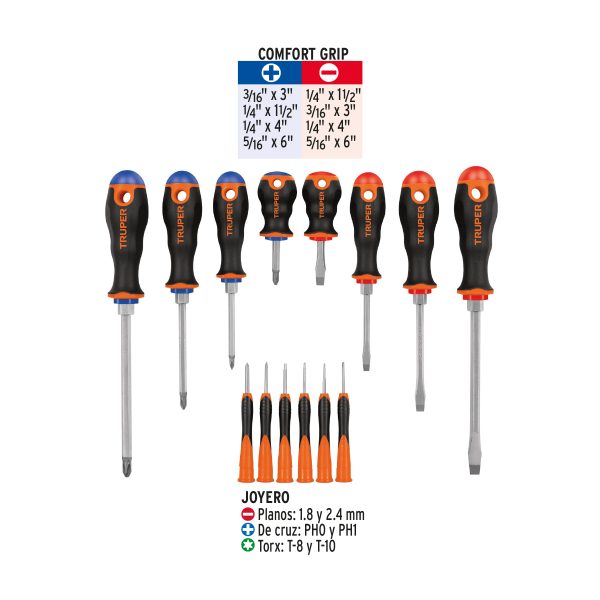 14197 - Juego de 8 desarmadores mango Comfort Grip y 6 de joyero