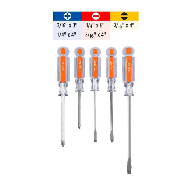 14137 - Juego de 5 desarmadores mangos de acetato, Truper