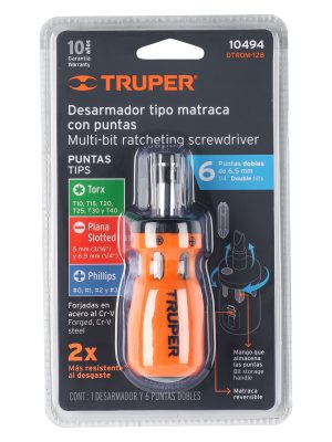 10494 - Desarmador tipo trompo con matraca, 6 puntas dobles, blíster