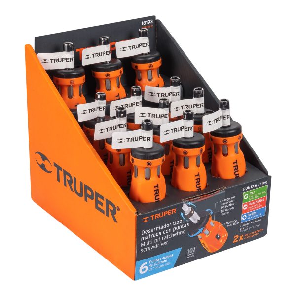 18193 - Desarmador tipo trompo con matraca y 6 puntas dobles, Truper