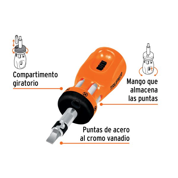 18193 - Desarmador tipo trompo con matraca y 6 puntas dobles, Truper