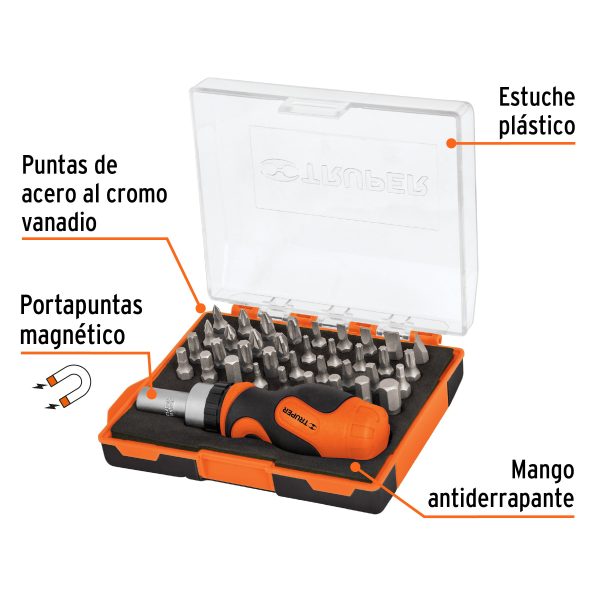 17845 - Desarmador tipo trompo con matraca y 36 puntas, Truper