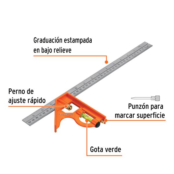 14381 - Escuadra 16' de combinación con punzón para marcar, Truper